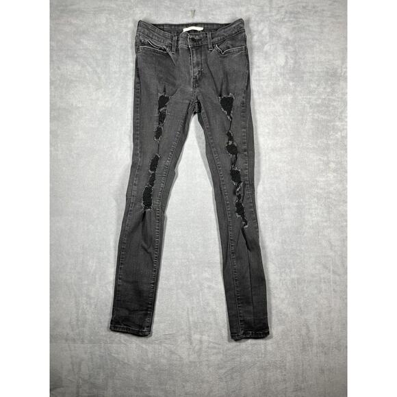 Levi's 711 Skinny Jeans Womens 28 Black Wash Denim Cotton Mid-Rise Distressed - Picture 1 of 7